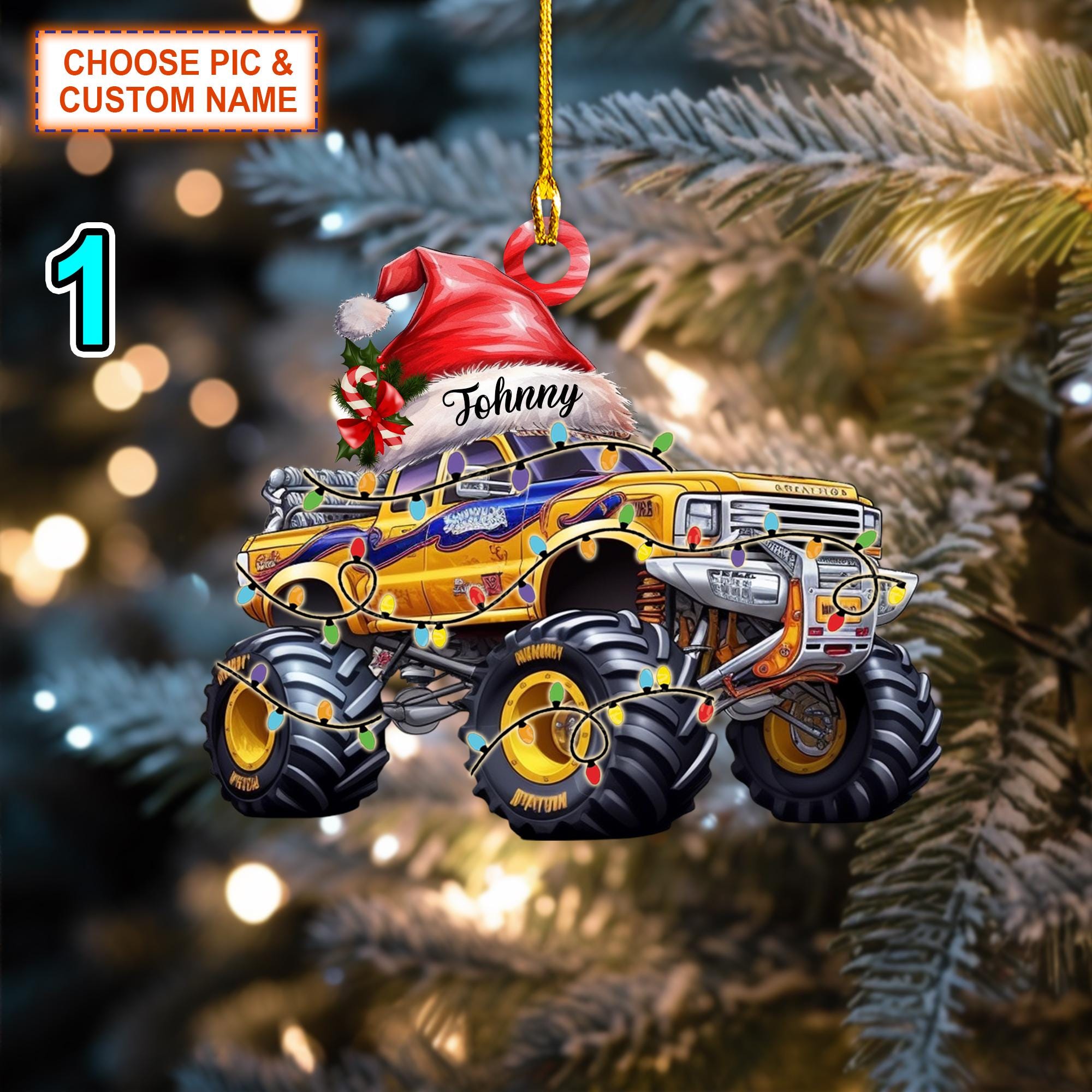 Custom Name Monster Truck With Led Light Christmas Ornament, Christmas Tree Hanging Decor, Flat 2D Ornament Acrylic/ Wooden