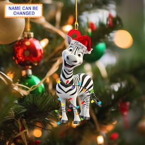 Nome personalizado Sorriso de zebra fofo Ornamento personalizado, Decoração para pendurar em árvore de Natal, Enfeite de Natal, Enfeite 2D plano, Enfeite de presente de zebra
