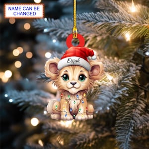 Custom Name Cute Lion Xmas Personalized Ornament, Christmas Tree Hanging Decor, Christmas Ornament, Flat 2D Ornament, Lion Gift Ornament