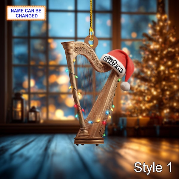 Muzikale harp 2D plat kerstornament van acryl, feestelijke boom hangende acryl vakantiedecoratie, uniek muzikaal vakantiecadeau voor harp