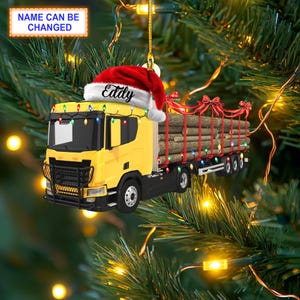 Custom Name Timber Truck With Santa Hat and Christmas Lights Ornament, Christmas Tree Hanging Decor, Christmas Ornament, 2D Flat Ornament