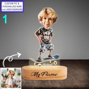 Funny Custom Skateboard Night Light – Personalized LED Lamp, Engraved Beech Wood Nightlight Gift for Skaters and Teens