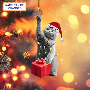 Könnte beinhalten: Ein graues Katzen-Weihnachtsornament mit einem Weihnachtsmannhut mit dem Namen "Isabell", das eine rote Geschenkbox hält und nach einem goldenen Ring greift. Die Katze ist mit bunten Weihnachtslichtern geschmückt. Der Text "NAME CAN BE CHANGED" steht oben.