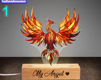 Personalized Colorful Phoenix Acrylic Night Light with Name Engraving, Beech Wood LED Lamp, Custom Laser Engraved Night Light Gift
