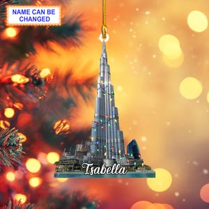 Nome personalizado Burj Khalifa com luzes de Natal, ornamento personalizado, decoração para pendurar em árvore de Natal, ornamento de Natal, ornamento plano 2D