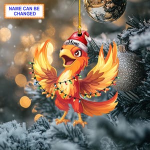 Custom Name Phoenix with Santa Hat Christmas Lights Ornament, Christmas Tree Hanging Decor, Christmas Ornament, Flat 2D Ornament