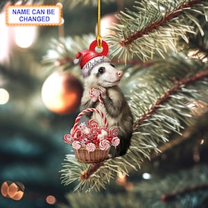 May include: A Christmas ornament featuring a possum wearing a Santa hat and holding a candy cane. The possum is sitting in a basket filled with colorful candy canes. The ornament is personalized with the name "Robert".