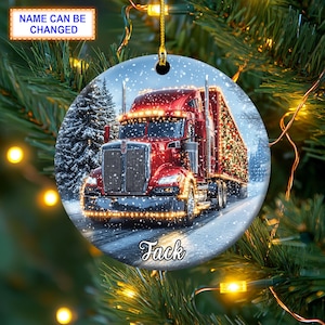 Custom Name Container Truck With Christmas Lights Personalized Christmas Ornament, Christmas Tree Hanging Decor, Ceramic Round Ornament