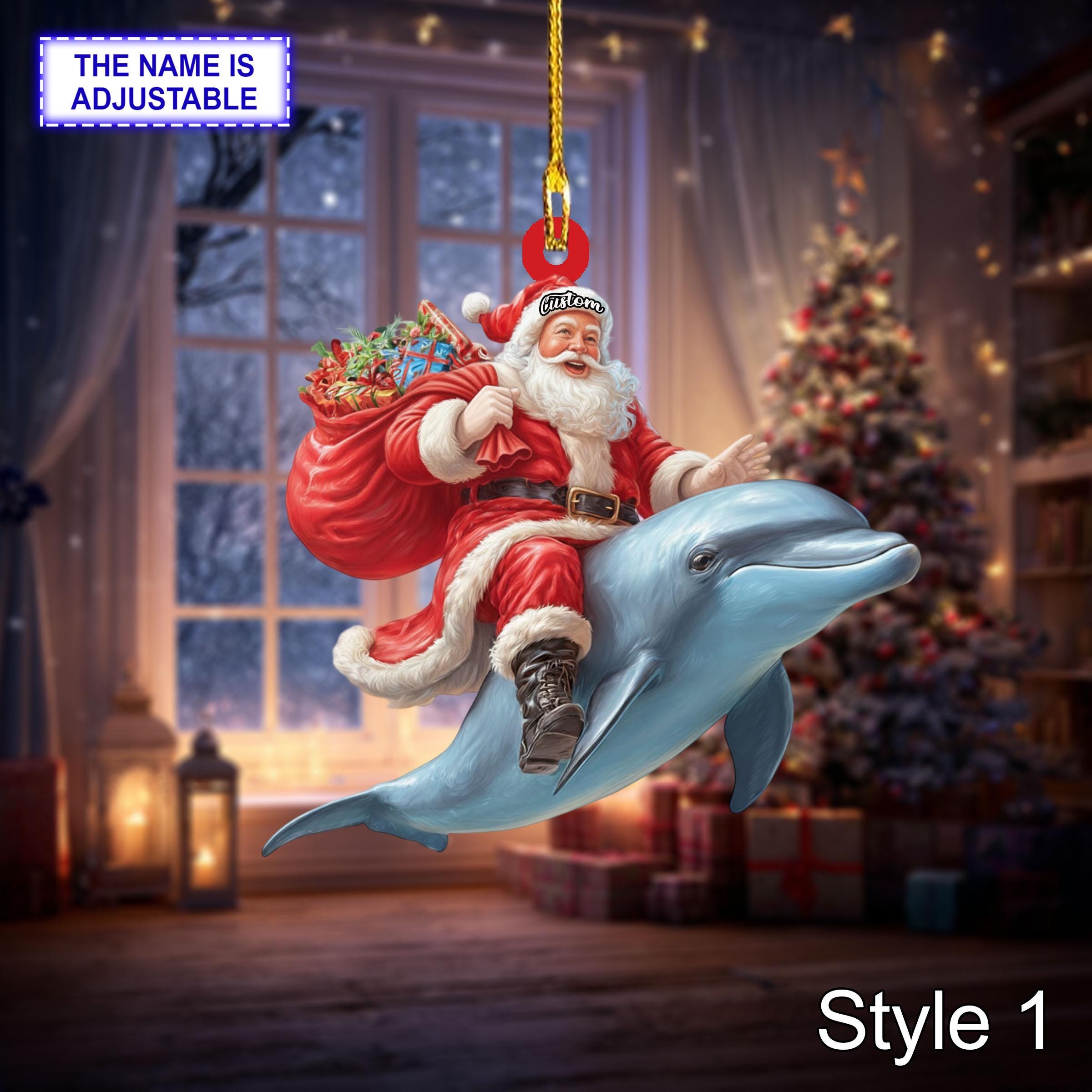 サンタがイルカに乗っているアクリル2Dフラットクリスマスオーナメント