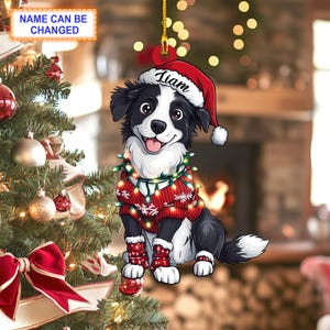 Custom Name Border Collie Cute Dog With Santa Hat Christmas Lights Ornament, Christmas Tree Hanging Decor, Christmas Ornament, Flat Ornament
