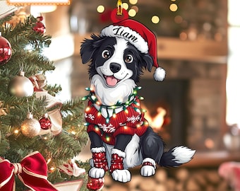 Custom Name Border Collie Cute Dog With Santa Hat Christmas Lights Ornament, Christmas Tree Hanging Decor, Christmas Ornament, Flat Ornament