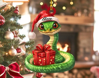 Decorazione natalizia personalizzata con nome a forma di serpente carino, da appendere all'albero di Natale, ornamento natalizio, decorazione piatta 2D