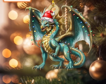 May include: A green and gold dragon Christmas ornament with a red Santa hat and the name "David" on it. The dragon is surrounded by colorful Christmas lights.