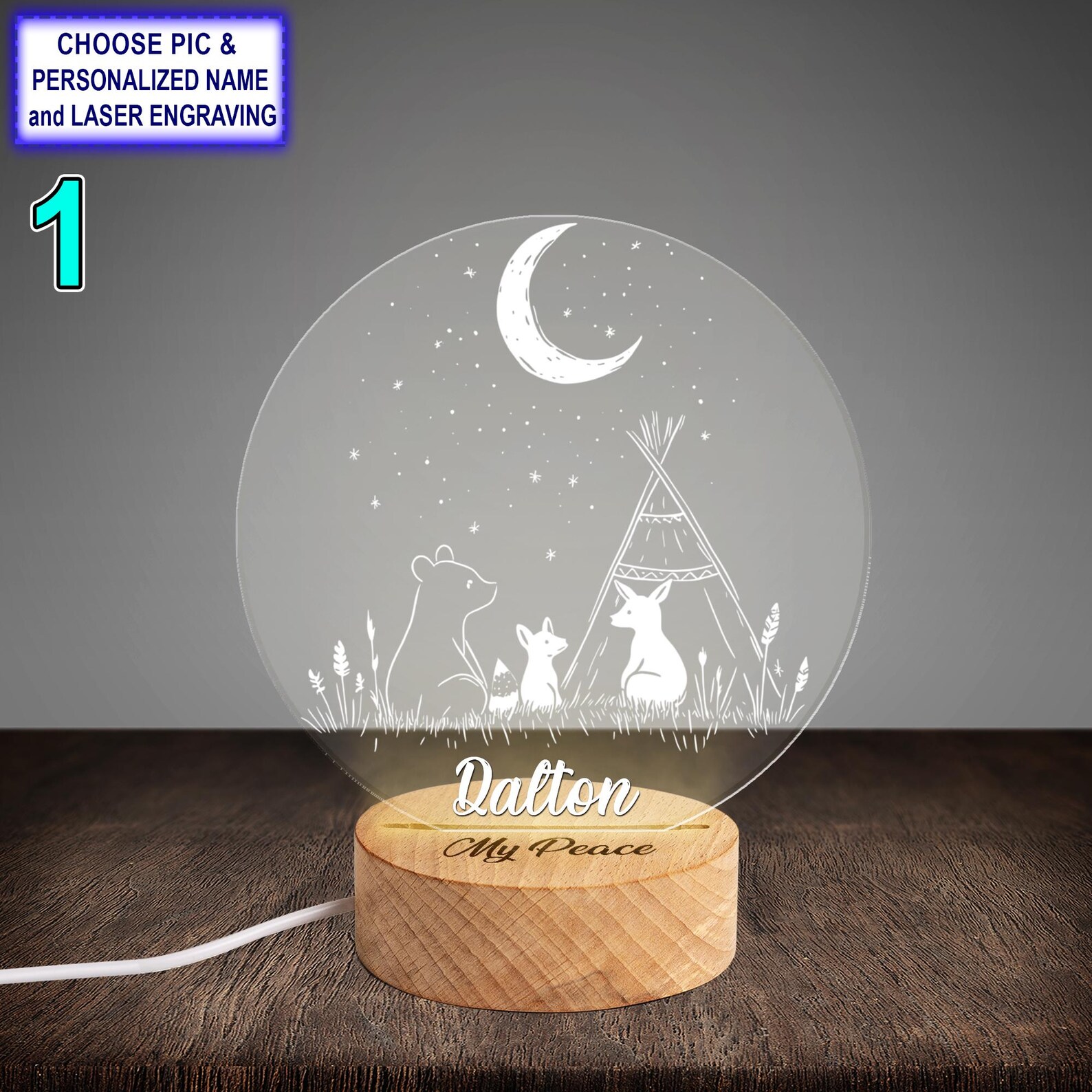 Personalized Bear And Deer Watching Moon Acrylic Night Light With Name 