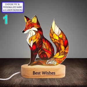 Gepersonaliseerde Red Fox acryl nachtlampje met naamgravure, beukenhout led-lamp, custom lasergegraveerd nachtlampje cadeau