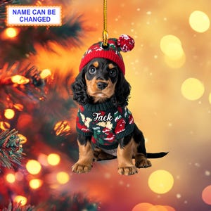 Puede incluir: Un adorno navideño con un cachorro negro y marrón que lleva un suéter rojo y verde con el nombre "Fack" bordado. El cachorro lleva un gorro de Papá Noel rojo con un pompón blanco.