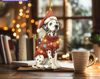 Custom Name Cute Sitting Dalmatian Dog with Santa Hat Christmas Lights Ornament, Christmas Tree Hanging Decor, Christmas Flat 2D Ornament