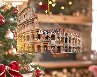 Custom Name Colosseum With Christmas Lights Personalized Ornament, Christmas Tree Hanging Decor, Christmas Ornament, 2D Flat Ornament