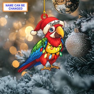 Custom Name Parakeet Bird With Santa Hat and Christmas Lights Ornament, Christmas Tree Hanging Decor, Christmas Ornament, Flat 2D Ornament