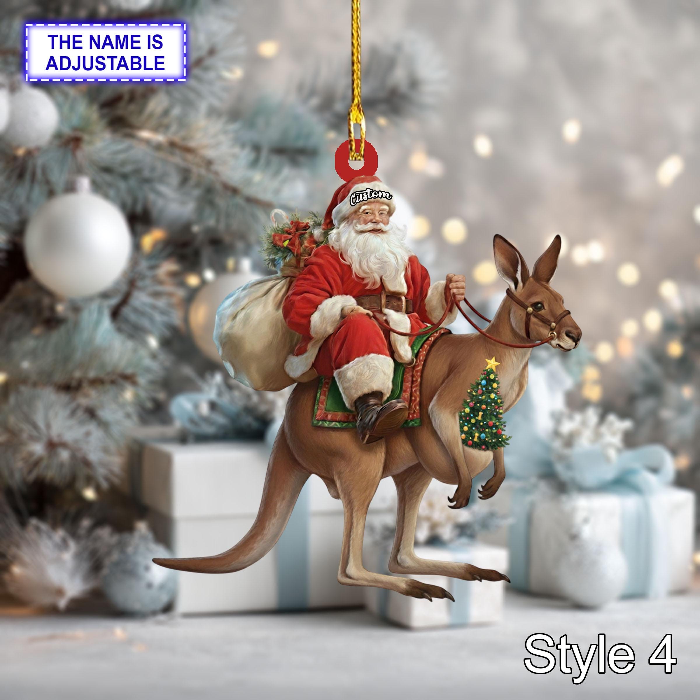 カンガルーに乗るサンタのアクリル2Dフラットクリスマスオーナメント