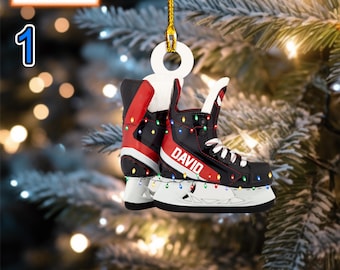 Custom Name Ice Hockey Skates Christmas Ornament, Christmas Tree Hanging Decor, Flat 2D Ornament Acrylic/ Wooden Gift For Hockey Lovers