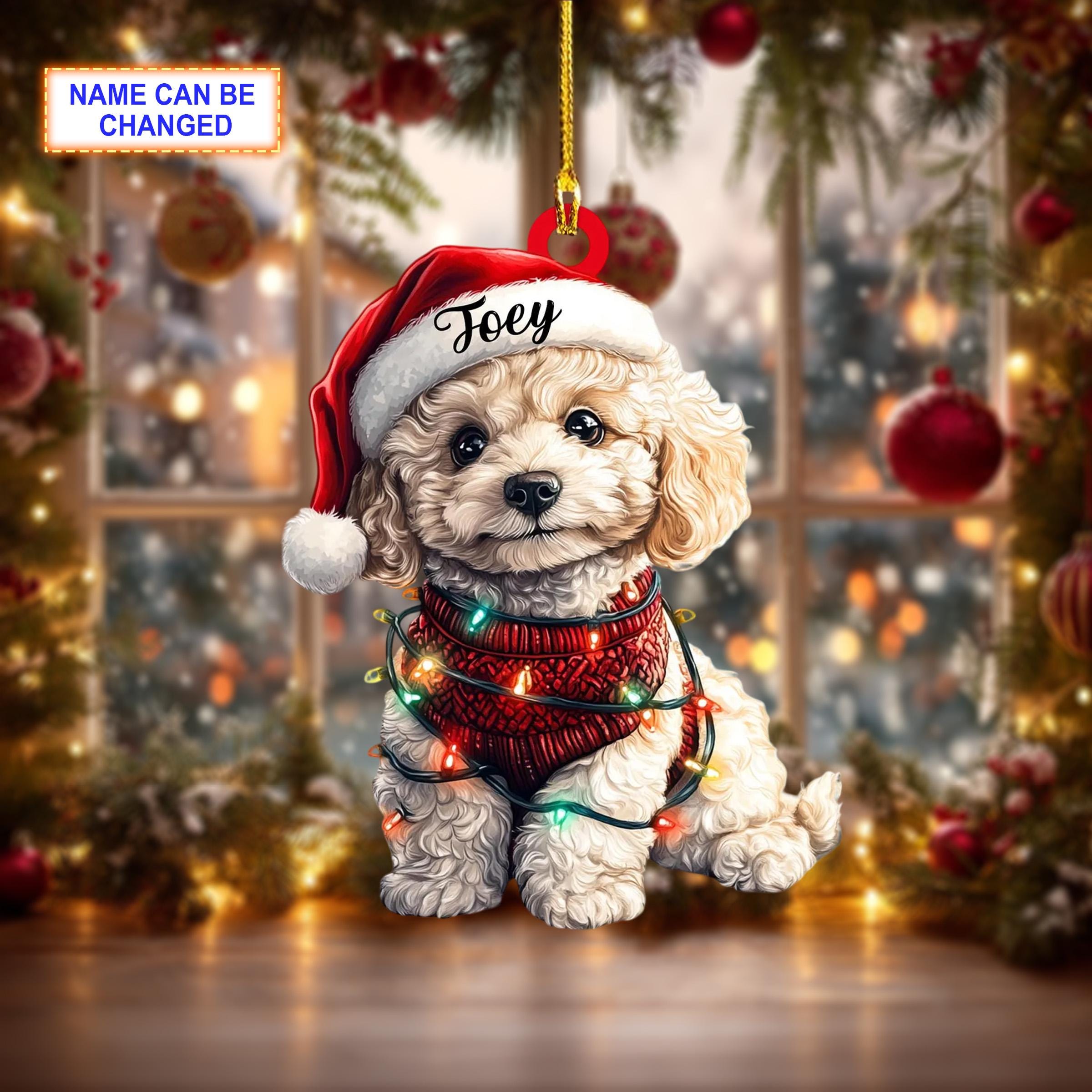 Custom Name Cute Sitting Poodle Dog With Santa Hat Christmas
