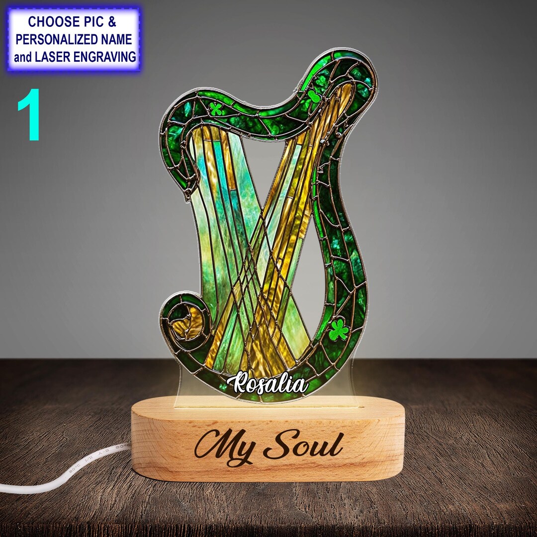 Personalized Irish Harp Acrylic Night Light With Name Engraving, Beech ...