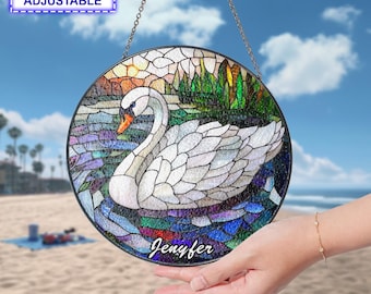 満月の湖に浮かぶ白鳥と花 ヴィンテージ ステンドグラス スワン 青 満月の湖に浮かぶ白鳥と花 ヴィンテージ ステンドグラス スワン