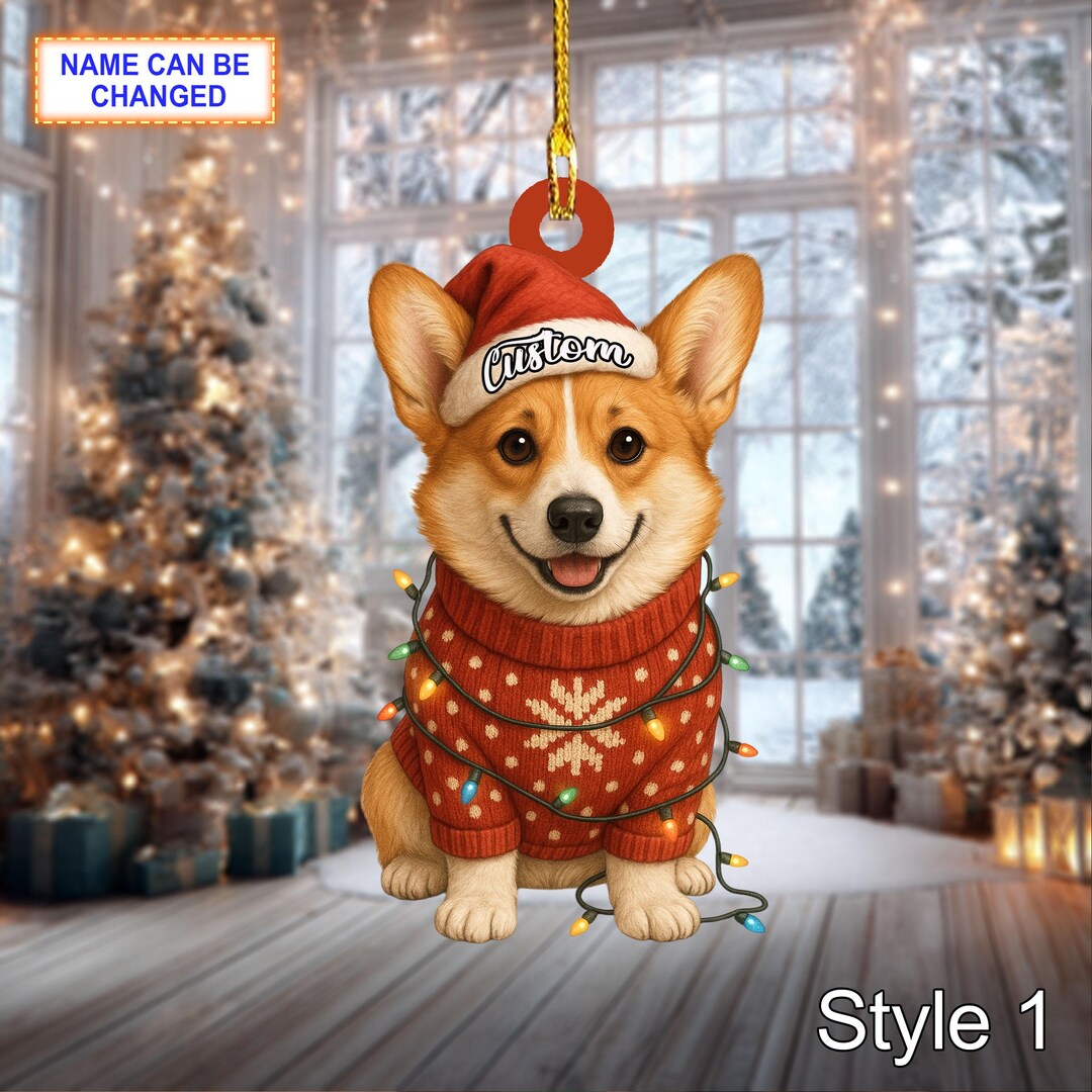 Custom Name Cute Sitting Corgi Dog With Santa Hat Christmas Lights ...