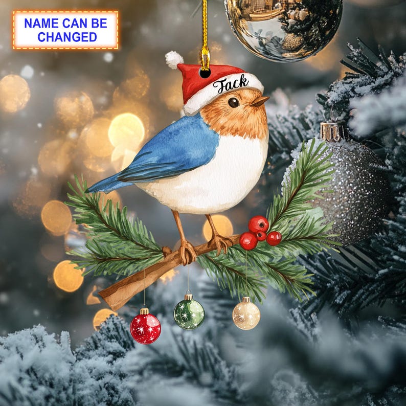 Custom Name Sparrow Bird Perched on Mistletoe Personalized Ornament