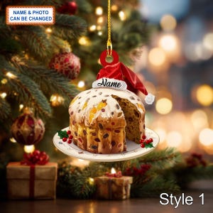 May include: A Christmas ornament shaped like a panettone cake, topped with a Santa hat. The ornament is on a plate with holly berries. The text "Name" is on the hat. The background includes a Christmas tree and presents.