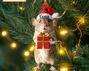 Aangepaste naam schattige rat met geschenkdoos Kerstmis gepersonaliseerd ornament, kerstboom hangend decor, kerstornament, plat 2D-ornament