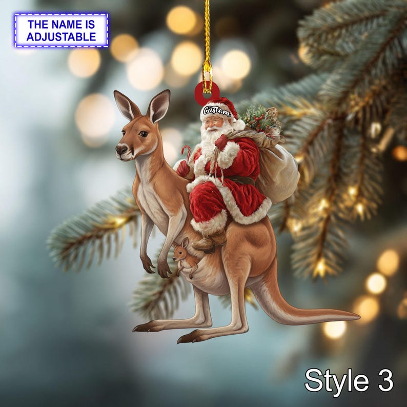 Santa Riding Kangaroo Acrylic 2D Flat Christmas Ornament, Festive Tree ...