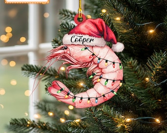 Custom Name Shrimp with Christmas Lights Personalized Ornament, Christmas Tree Hanging Decor, Christmas Ornament, Flat 2D Ornament