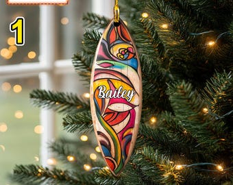 Custom Name Surfboard Colorful Personalized Ornament, Christmas Tree Hanging Decor, Christmas Ornament, 2D Flat Ornament