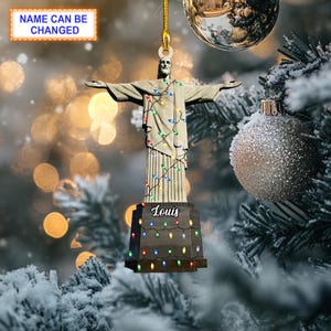 Custom Name Christ the Redeemer With Christmas Lights Personalized Ornament, Christmas Tree Hanging Decor, Christmas Ornament, Flat Ornament