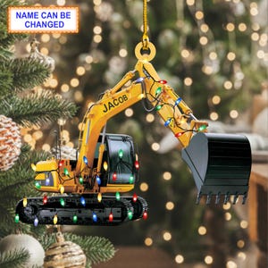 Nome personalizado Escavadeira Led Light V1 Enfeite de Natal Veículo, Árvore de Natal Decoração Pendurada, Plano 2D Ornamento Acrílico/Madeira