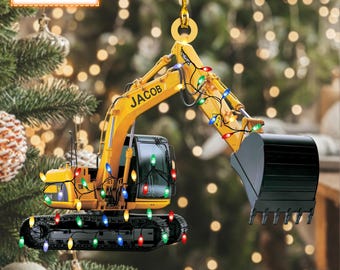 Custom Name Excavator Led Light V1 Christmas Ornament Vehicle, Christmas Tree Hanging Decor, Flat 2D Ornament Acrylic/Wooden