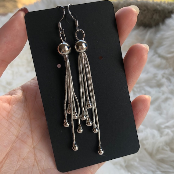 Silver Sphere Chain Tassel Earrings, Elegant Evening Long Drops