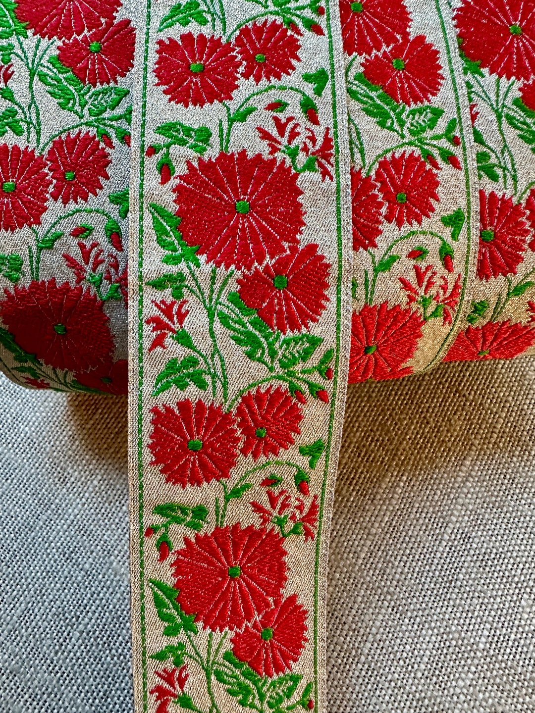Flowred Ribbon Vintage Silver Metallic and Red Flowered Ribbon - Etsy