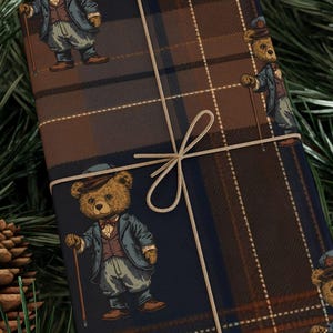 Ralph Lauren Christmas, Dark Tartan Plaid Wrapping Paper, Teddy Bear , Masculine Gift Wrap, Mens Wrapping Paper, Vintage afbeelding 1