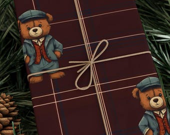 Ralph Lauren Christmas, Dark Tartan Plaid Wrapping Paper, Teddy Bear , Masculine Gift Wrap, Mens Wrapping Paper, Nutcraker
