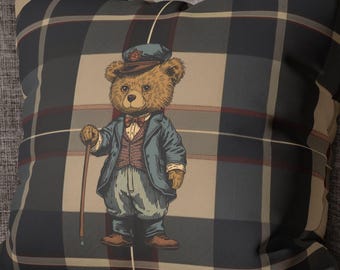 Ralph Lauren Christmas, Tartan Vintage Teddy Bear, Home Accent Pillow, Masculine Gift, Farmhouse Style Cushion,