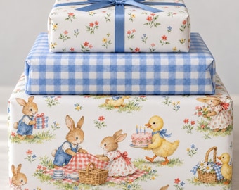 Storybook Bunny Wrapping Paper, Vintage Rabbit Gift Wrap, Duck Birthday Paper, Watercolor Nursery Gift Wrap, Cottagecore Kids Paper
