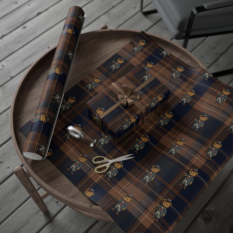 Ralph Lauren Christmas, Dark Tartan Plaid Wrapping Paper, Teddy Bear , Masculine Gift Wrap, Mens Wrapping Paper, Vintage afbeelding 4