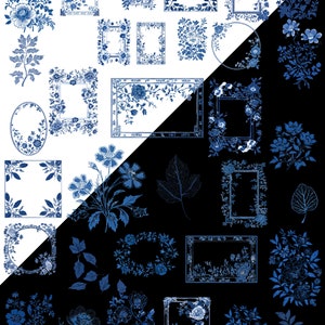Chinoiserie Clipart, Blue and White Borders, Floral PNG Images, Digital Download Clipart, Wedding Invitation Decor, Printable Craft Designs, Scrapbooking Graphics, Classic Chinoiserie Art, DIY Invitation Elements, Elegant Floral Clipart Toile de Jouy