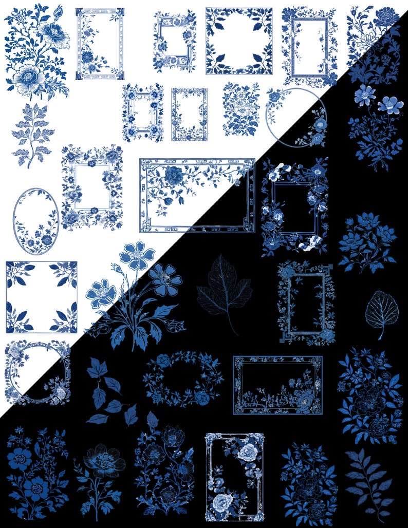 Chinoiserie Clipart, Blue and White Borders, Floral PNG Images, Digital Download Clipart, Wedding Invitation Decor, Printable Craft Designs, Scrapbooking Graphics, Classic Chinoiserie Art, DIY Invitation Elements, Elegant Floral Clipart Toile de Jouy