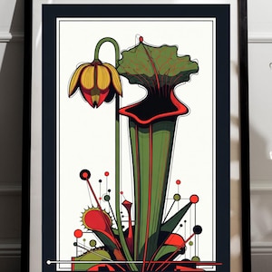 May include: A framed botanical art print featuring a stylized illustration of a pitcher plant. The artwork showcases a vibrant color palette of green, red, yellow, and black, with geometric accents and a white background.