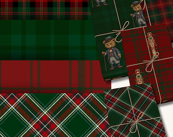 Ralph Lauren Christmas, Dark Tartan Plaid Wrapping Paper, Teddy Bear, Nutcracker, Masculine Gift Wrap,