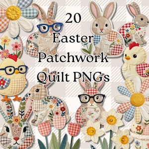 Lapin de Pâques matelassé PNG, appliques imitation lapin et poussin, patchs fleurs de printemps, décoration de chambre d'enfant,